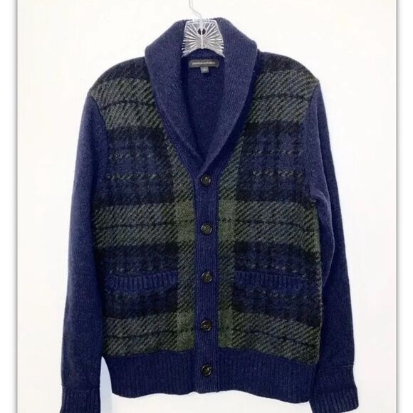 Banana Republic Wool Blend Cardigan Shawl Collar Blue Plaid Men’s Size S… - Picture 1 of 7